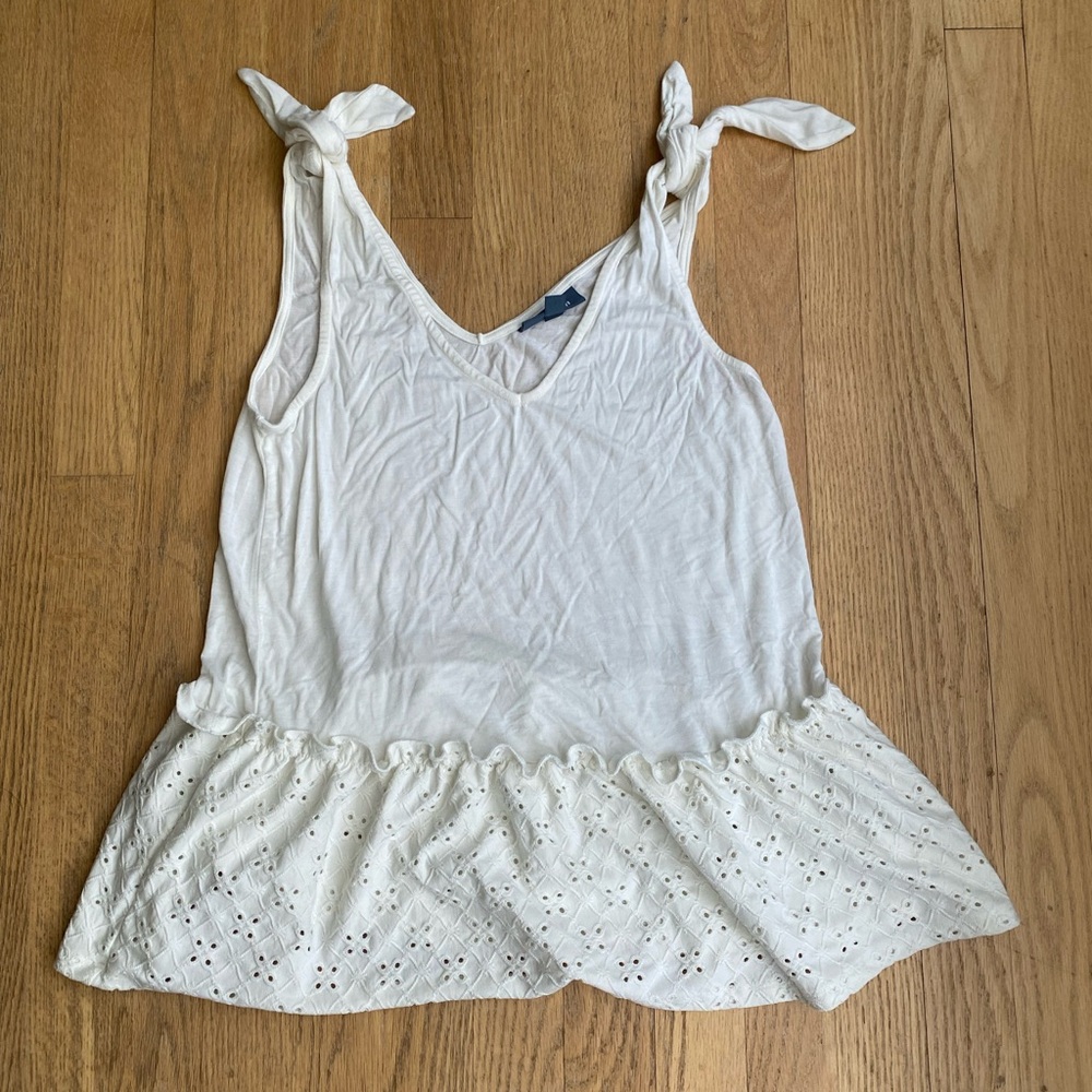 Modcloth White Tie-Shoulder Eyelet Peplum Tank Top
